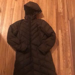 Dark brown Patagonia puffer coat.